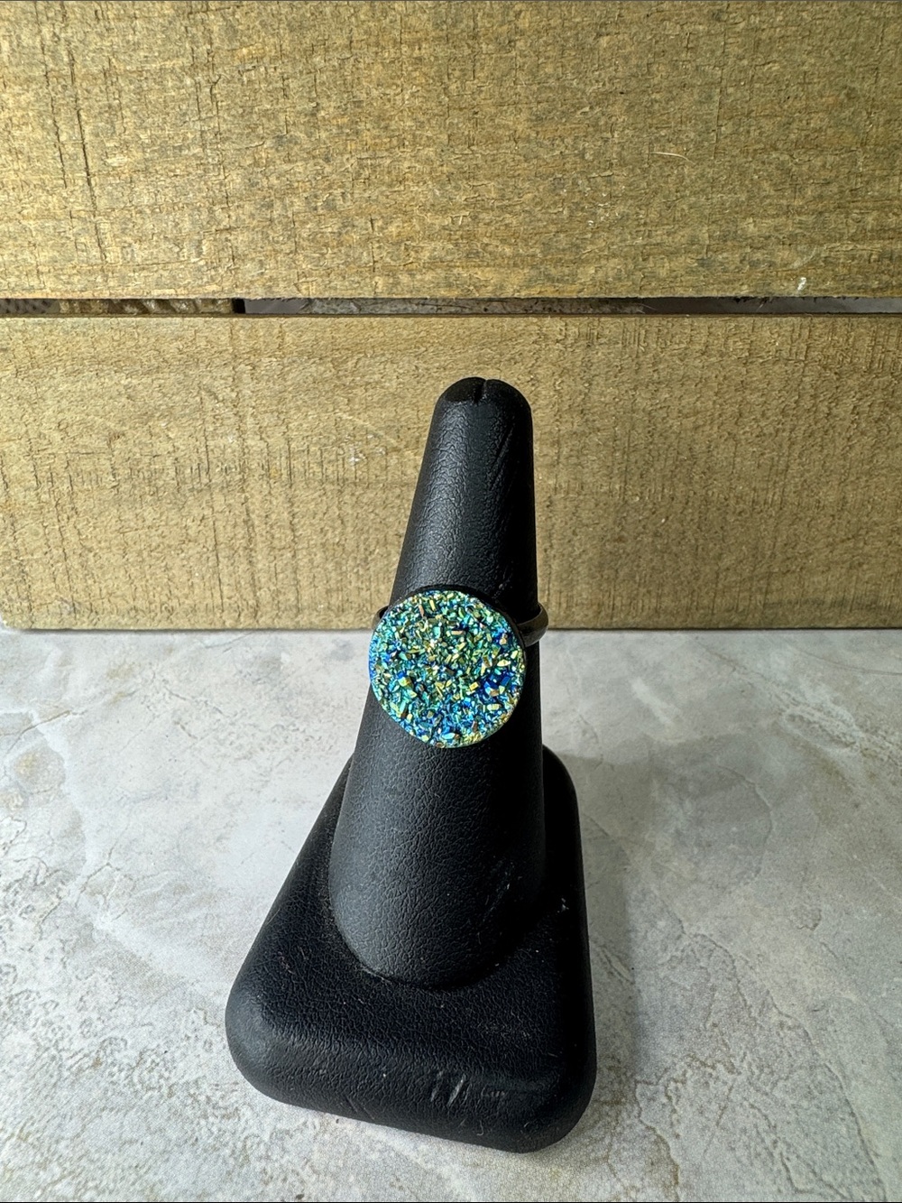 Round Druzy Statement Ring in Iridescent Blue-Green-black boarder